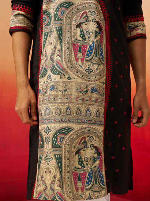 Vastramay Men Black Cotton High Neck Digital Print Kurta